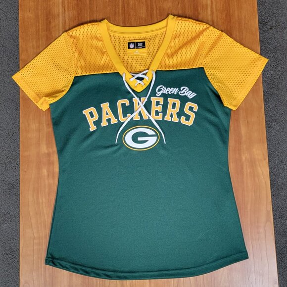 Women's NFL Team Apparel Lace Up V-Neck Green Bay Packers Football T-Shirt - M - Picture 3 of 7
